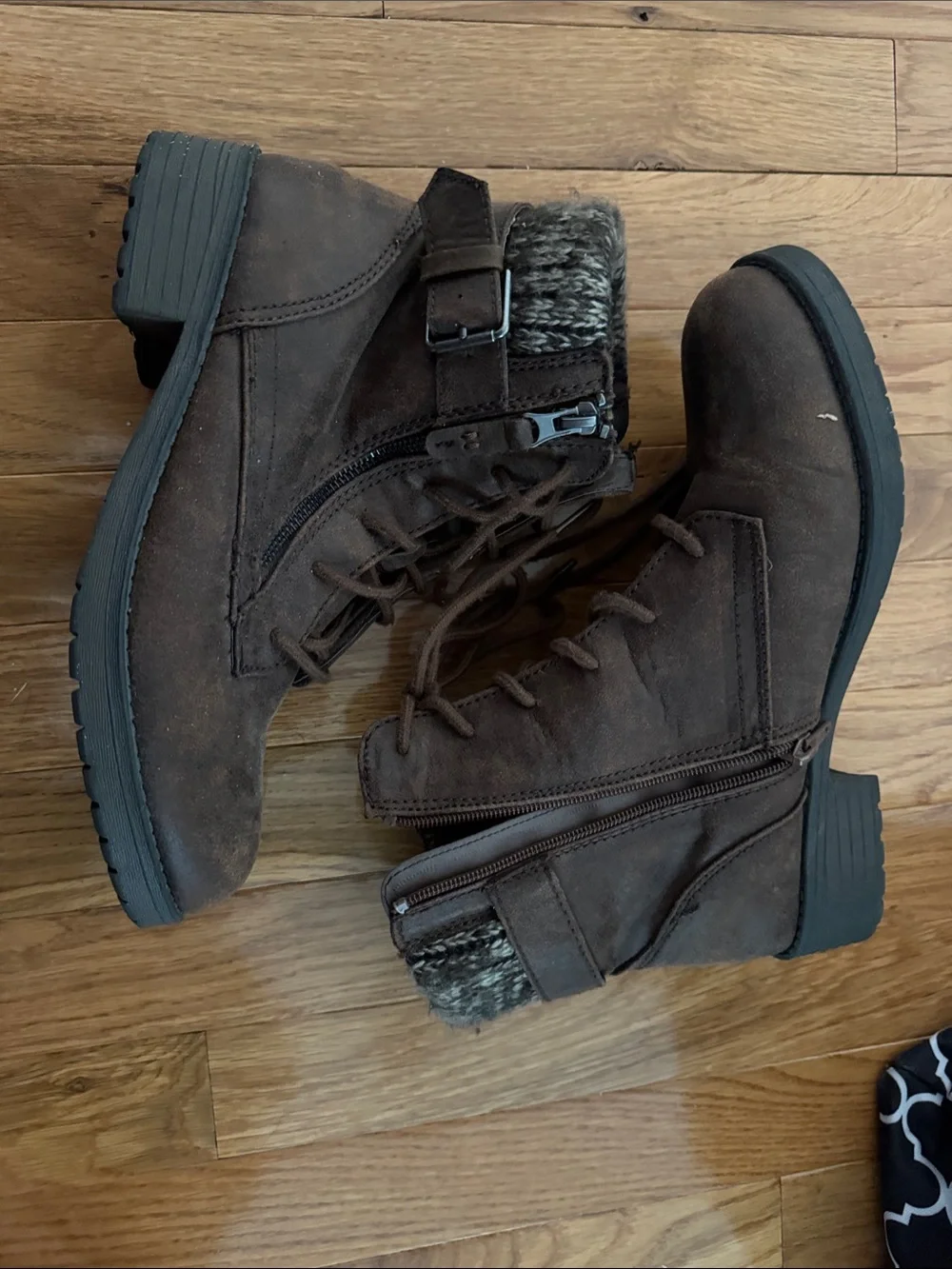 Women's Brown Faux-Suede Lace-Up Winter Ankle Boots with Knit Cuff